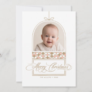 Tarjeta de Navidad beige con foto de arco de adorn