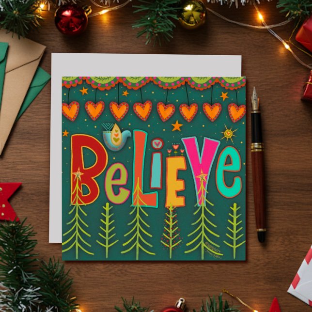 Tarjeta de Navidad Believe Folk Hearts (Subido por el creador)