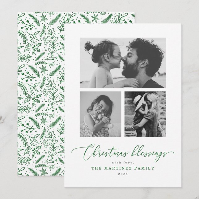 Tarjeta de Navidad Bendiciones Verde Letra Múltipl (Anverso / Reverso)