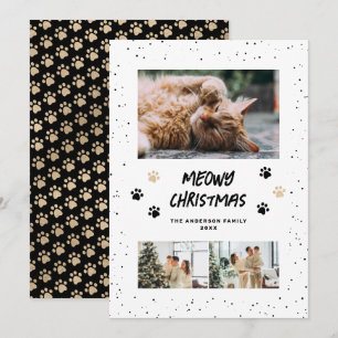 Tarjeta de Navidad Black Gold Photo Snow Paws Meow