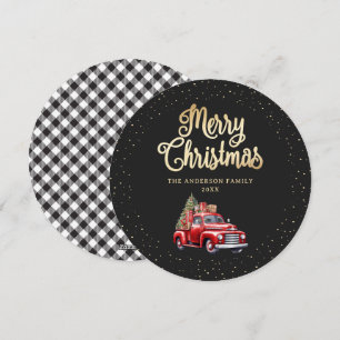 Tarjeta de Navidad Black Gold Plaid Red Truck Merr