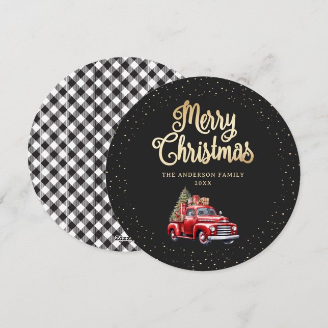 Tarjeta de Navidad Black Gold Plaid Red Truck Merr (Anverso / Reverso)