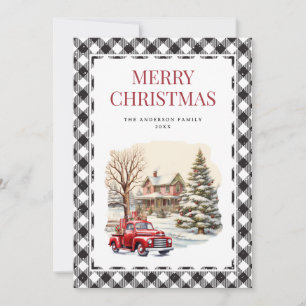 Tarjeta de Navidad Black White Plaid Red Truck Mer