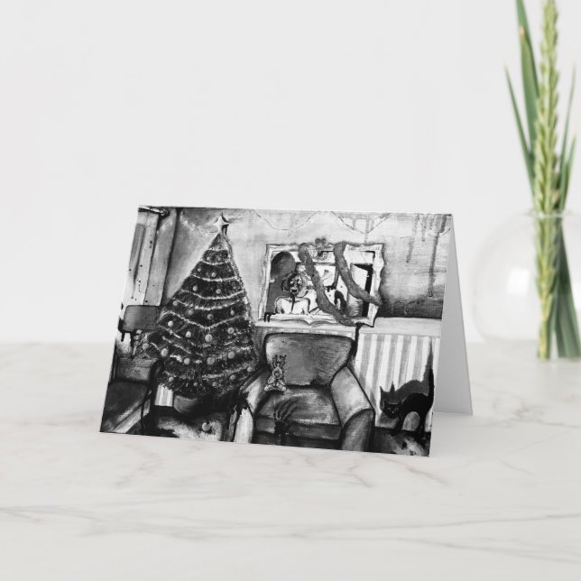 Tarjeta de Navidad blanco y negro del zombi con el (Anverso)