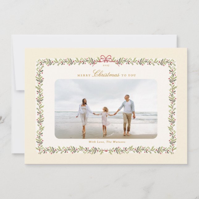 tarjeta de Navidad botánica con lazo tradicional 1 (Anverso)