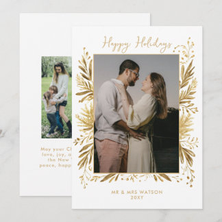 Tarjeta de Navidad Botánica de Invierno en Oro Bla