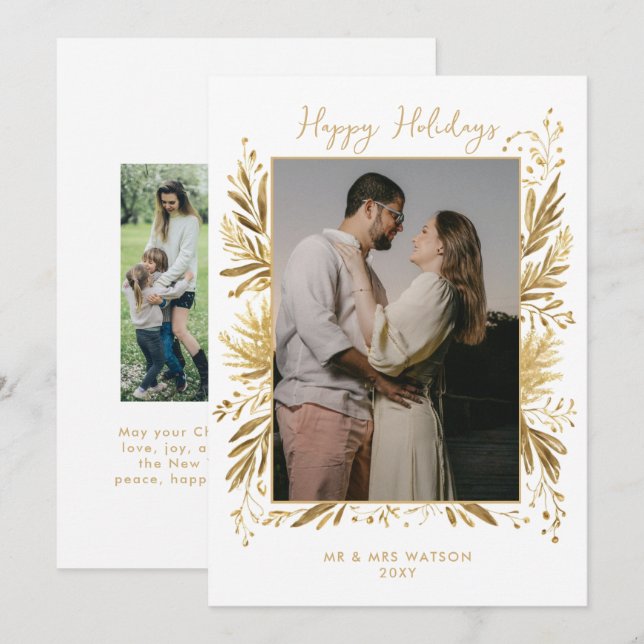 Tarjeta de Navidad Botánica de Invierno en Oro Bla (Anverso / Reverso)