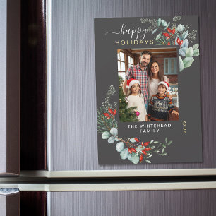 Tarjeta de Navidad Botánica Gris Moderna con Imán