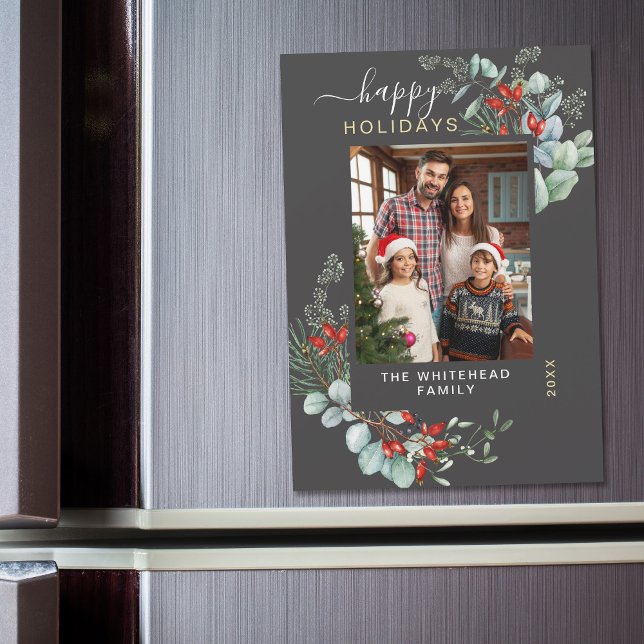 Tarjeta de Navidad Botánica Gris Moderna con Imán (You will love these beautiful Christmas cards! They feature botanical watercolor pine and berries.)