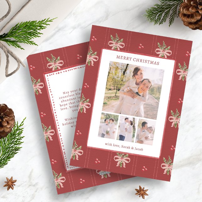 Tarjeta de Navidad Botánica Rojo Rústico (Rustic Red Bows Botanical Christmas Photo Card | Vintage Holiday Greenery by Painted Paperie)