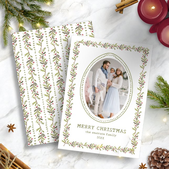 Tarjeta de Navidad Botánica Rústica Verde (Holiday Vintage Green Rustic Botanical Christmas Photo Card by Painted Paperie
)