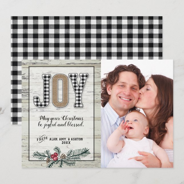 Tarjeta de Navidad Buffalo Plaid Joy Farmhouse (Anverso / Reverso)