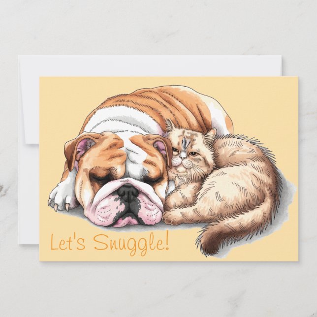 Tarjeta de Navidad Bulldog Perro Gato Let's Snuggl (Anverso)