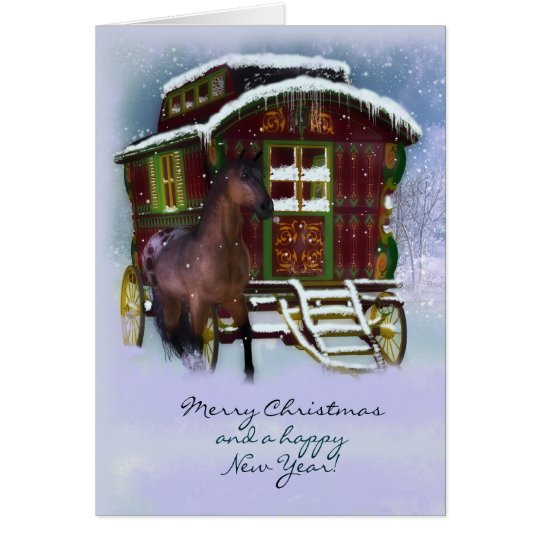 Tarjeta de Navidad - caballo y caravana vieja