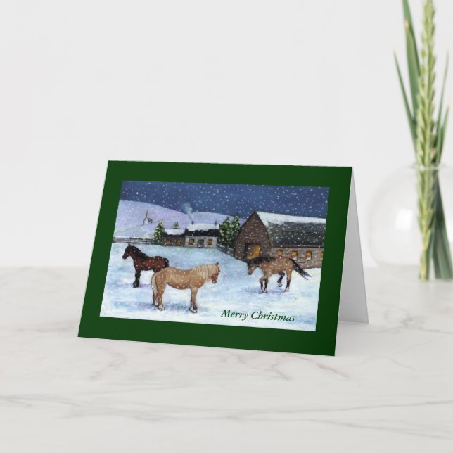 TARJETA DE NAVIDAD: CABALLOS, NIEVE: ARTE (Anverso)