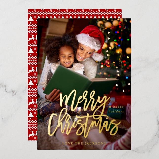 Tarjeta de Navidad Caligrafía Foto Vertical (Anverso/Reverso)