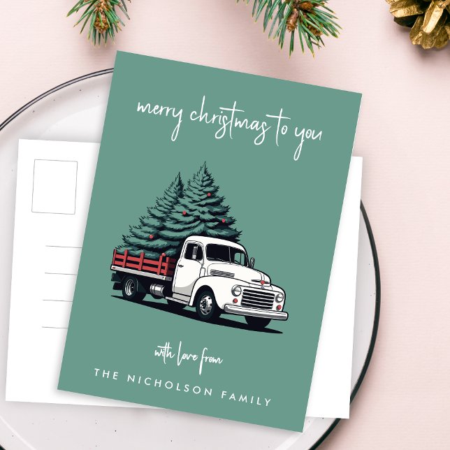 Tarjeta de Navidad | Camión de entrega de árbol de (A vintage inspired delivery truck holiday postcard design with retro festive flair)