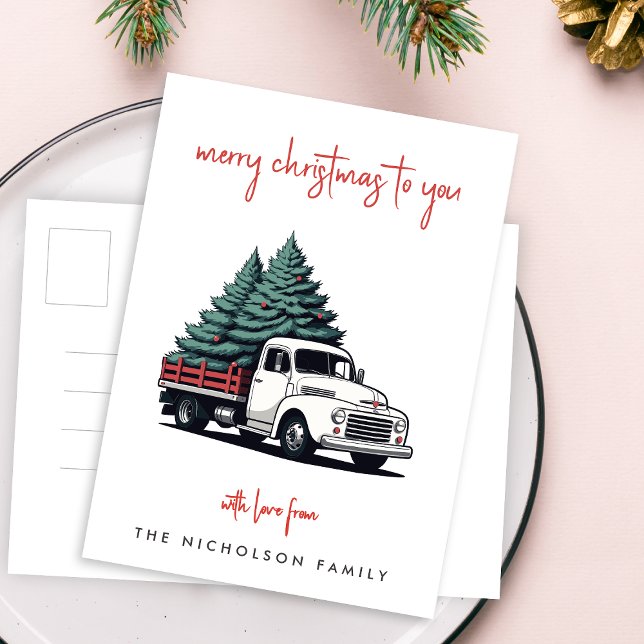 Tarjeta de Navidad | Camión de entrega de árbol de (A vintage inspired delivery truck holiday postcard design with retro festive flair)