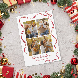 Tarjeta de Navidad caprichosa con lazo rojo