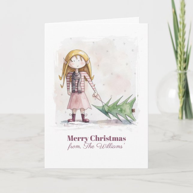 Tarjeta de Navidad caprichosa de duende de acuarel (Anverso)