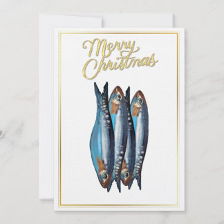 Tarjeta de Navidad caprichosa de pez azul con dora