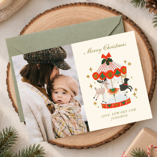 Tarjeta de Navidad caprichosa de tiovivo familiar