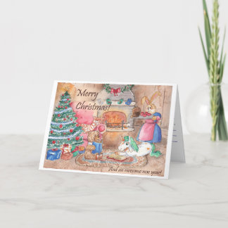 Tarjeta de Navidad Chimenea Familia fantasía