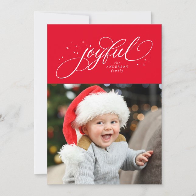Tarjeta de Navidad clásica alegre foto roja (Anverso)