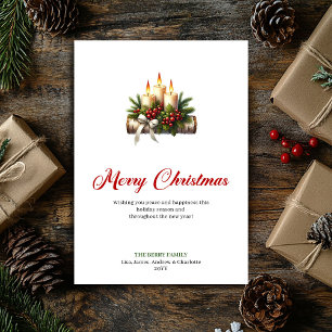 Tarjeta de Navidad clásica con velas y follaje de