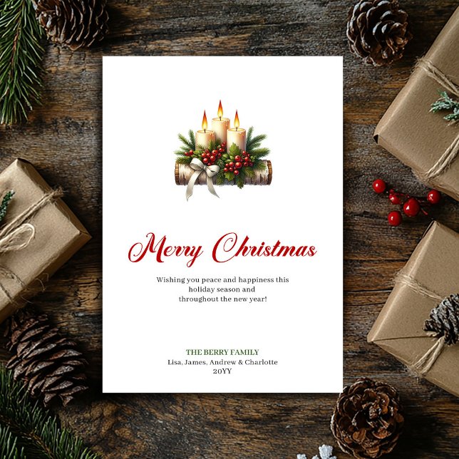 Tarjeta de Navidad clásica con velas y follaje de  (Classic Christmas candles pine greenery greeting)