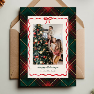 Tarjeta de Navidad Clásica de Cuadros con Cinta Ro