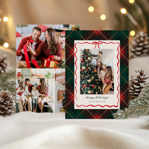 Tarjeta de Navidad Clásica de Cuadros con Cinta Ro