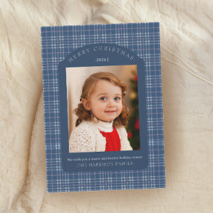 Tarjeta de Navidad clásica de cuadros rosa y azul 
