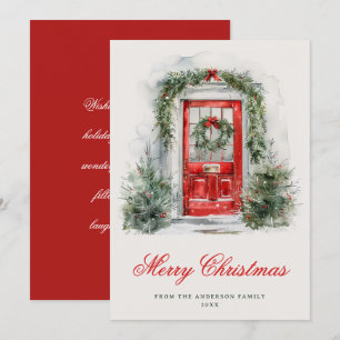 Tarjeta de Navidad Clásica Puerta Roja Festiva