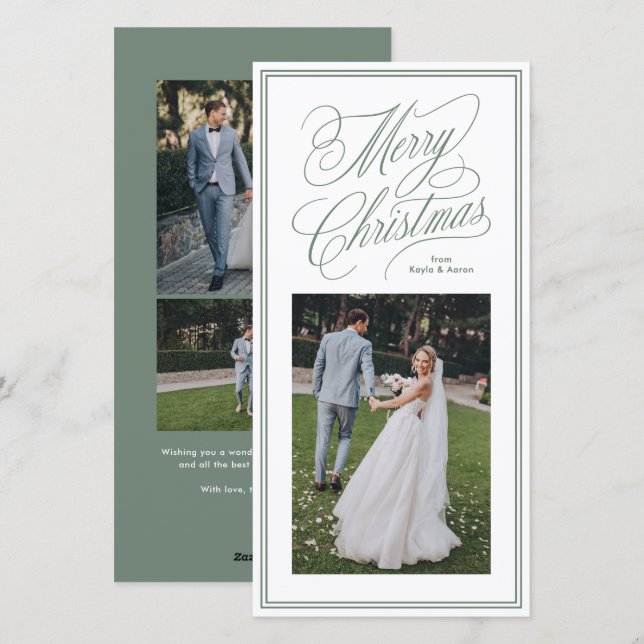 Tarjeta de Navidad clásica verde con texto script (Anverso / Reverso)