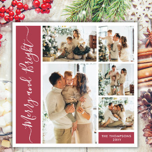 Tarjeta de Navidad Collage Rojo Moderno de 5 Fotos