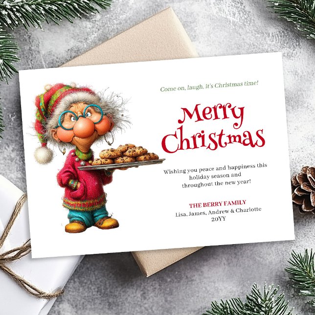 Tarjeta de Navidad cómica editable de mujer divert (Elegant Funny Woman Comic Christmas Editable Greeting Card

)