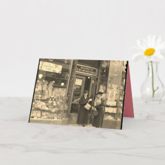 Tarjeta de Navidad, compras navideñas nostálgicas.