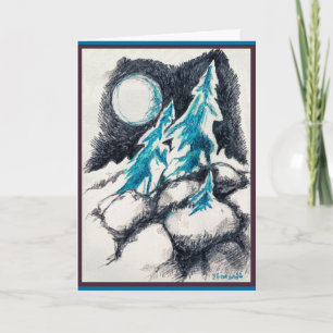 Tarjeta de Navidad con Abetos y Luna