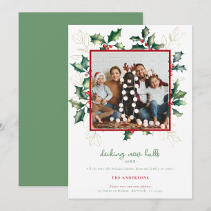 Tarjeta de Navidad con Acebo Rojo Verde y Dorado F