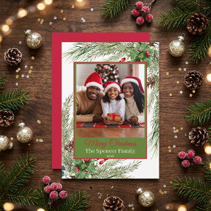 Tarjeta de Navidad con Acuarela de Acebo y Abeto