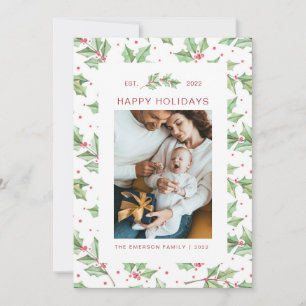 Tarjeta de Navidad con Acuarela de Bayas de Acebo