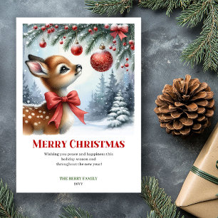 Tarjeta de Navidad con acuarela de cervatillo neva