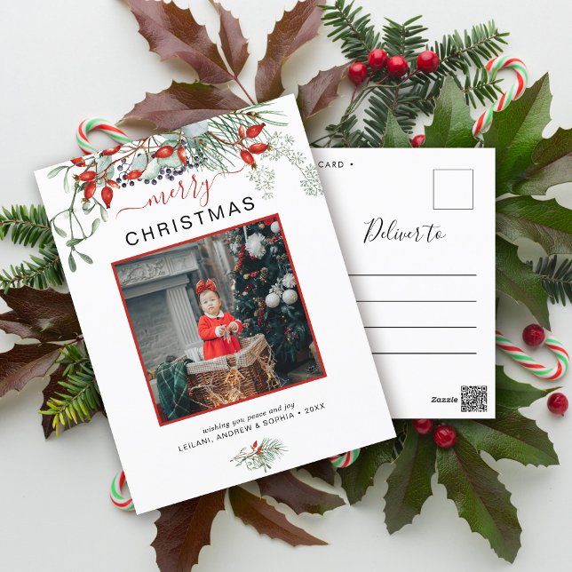Tarjeta de Navidad con Acuarela de Vegetación Mini (You will love these beautiful Christmas cards! They feature botanical watercolor pine and berries.)