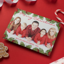 Tarjeta de Navidad con adornos de pino para foto f