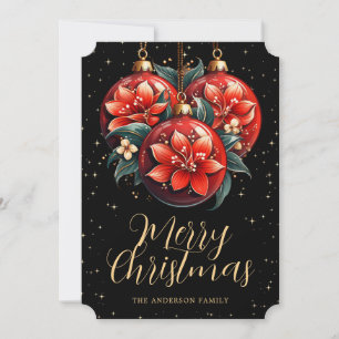 Tarjeta de Navidad con Adornos Florales Rojos Negr