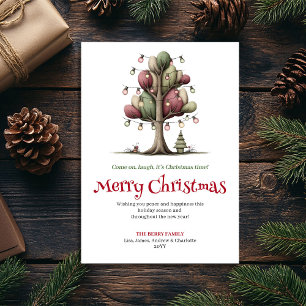 Tarjeta de Navidad con árbol caprichoso dibujado a