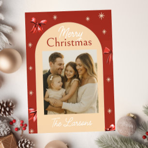 Tarjeta de Navidad con Arco de Lazo Rojo de Moda