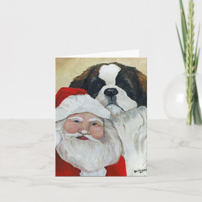 Tarjeta de Navidad con arte de San Bernardo y perr (Anverso)