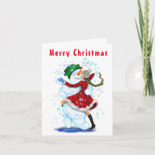 Tarjeta de navidad con baile de Chica y muñeco de